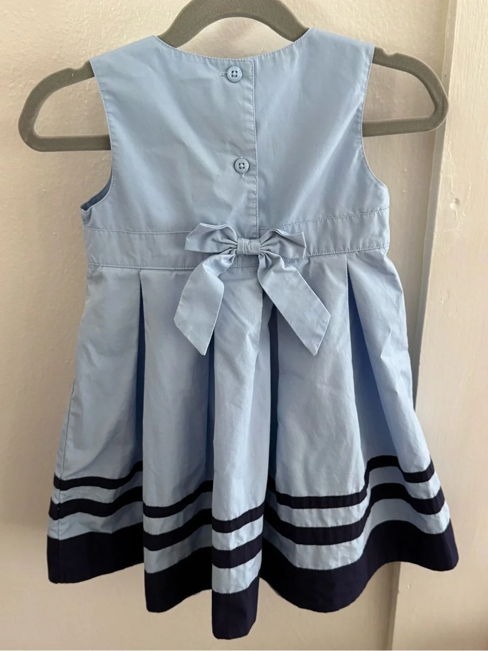 Vintage Gymboree Light Blue Sleeveless Pleated Dress with Navy Stripe Hem